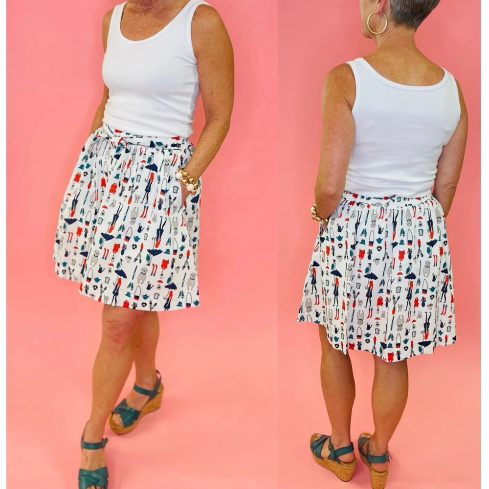 TULIP B Amelie Whimsical Self Tie Sash Novelty Print Linen Skirt M
